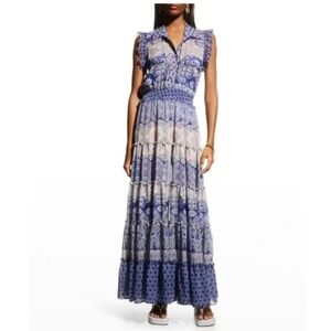 Misa Los Angeles Blue and White Tiered Maxi Dress XS